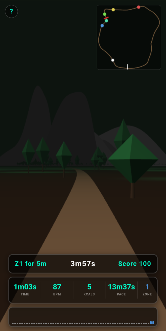 Heartrek workout in progress with live HUD and minimap