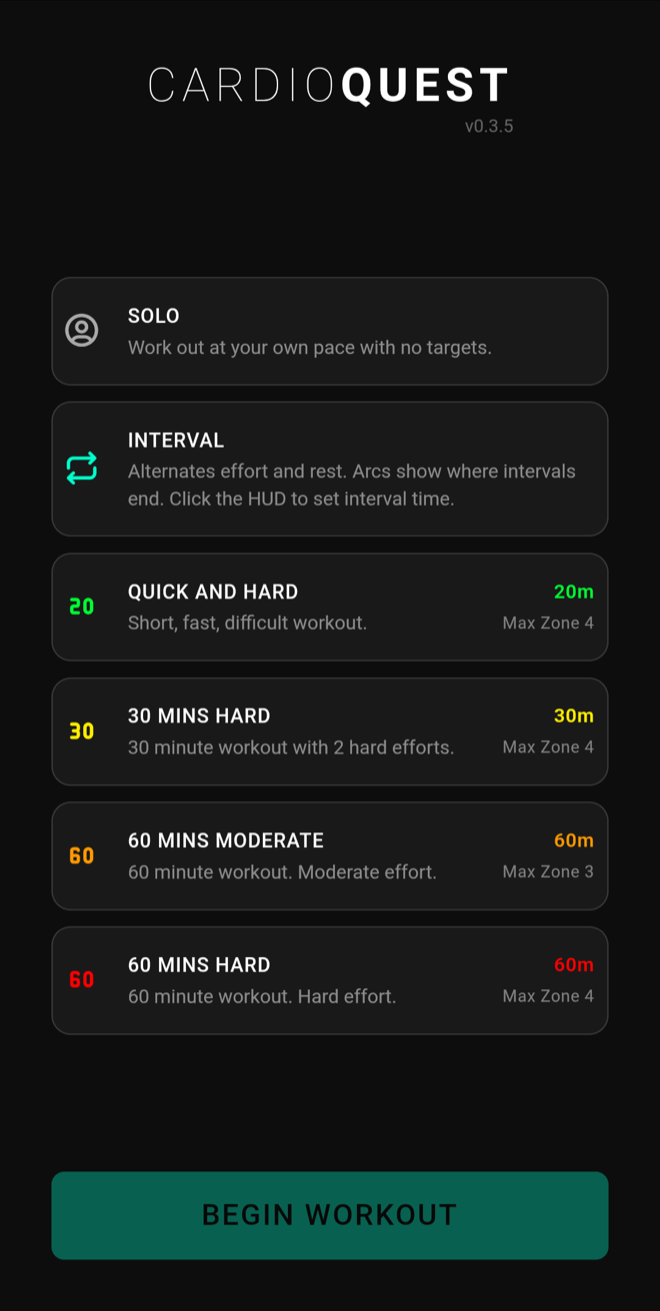 Heartrek start menu with Solo, Interval, and zone program modes